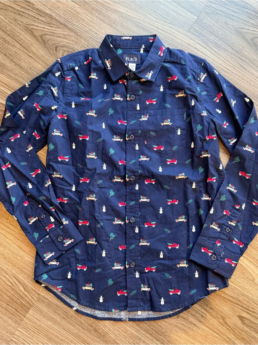 NWT The Children's Place Boys Navy Holiday Truck Print Button-Down Shirt